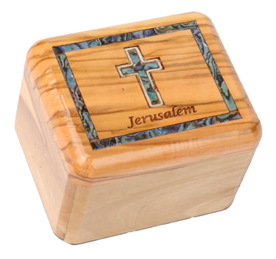 Olive Wood Box_ Mother of Pearl Broder and Latin Cross