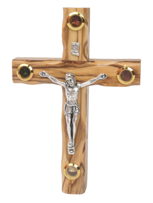 Olive Wood Latin Cross_Silver Oxide Crucifix with Four Holy