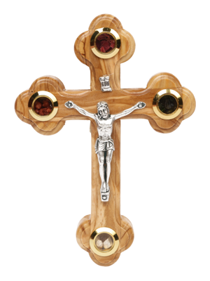 Olive Wood Roman Cross_ Silver Oxide Crucifix with Four