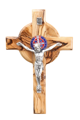 Olive Wood Cross_ St. Benedict with Silver Oxide Crucifix