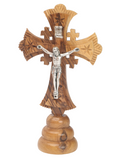 Olive Wood Jerusalem Cross_ Silver Oxide Crucifix on Stand