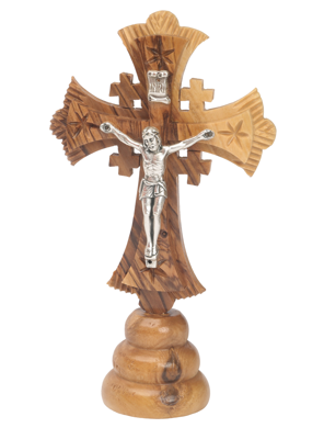 Olive Wood Jerusalem Cross_ Silver Oxide Crucifix on Stand