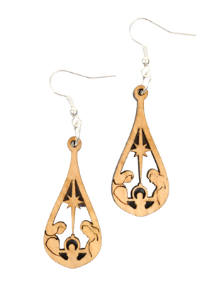 Earring_ Olive Wood Teardrop with Nativity Scene
