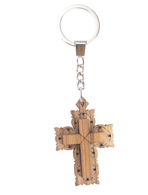 Olive Wood Keychain_ Cross with Exterior Detail