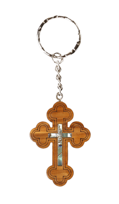 Olive Wood Keychain_ Roman Cross with Abalone Interior