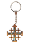 Olive Wood Keychain_ Jerusalem Cross with Abalone