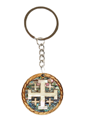 Mother of Pearl Keychain_ Round with Jerusalem Cross