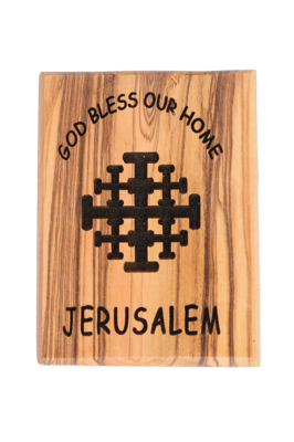 Olive Wood Magnet_ "God Bless Our Home" with Jerusalem