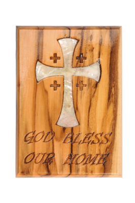 Olive Wood Magnet_ "God Bless Our Home" with Mother of