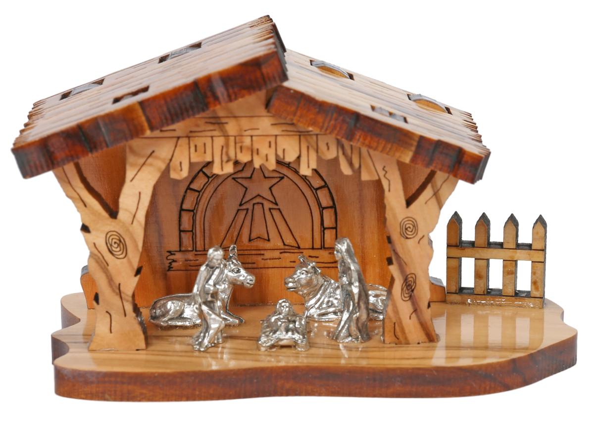 Olive Wood Nativity Scene_ Wooden Hut and Silver Oxide