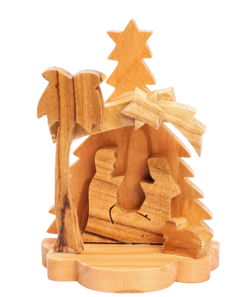 Olive Wood Nativity Scene_ Carved Grotto with Christmas