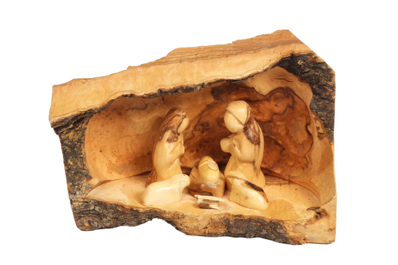 Olive Wood Nativity Scene_ Carved Cave and Fixed Figurines