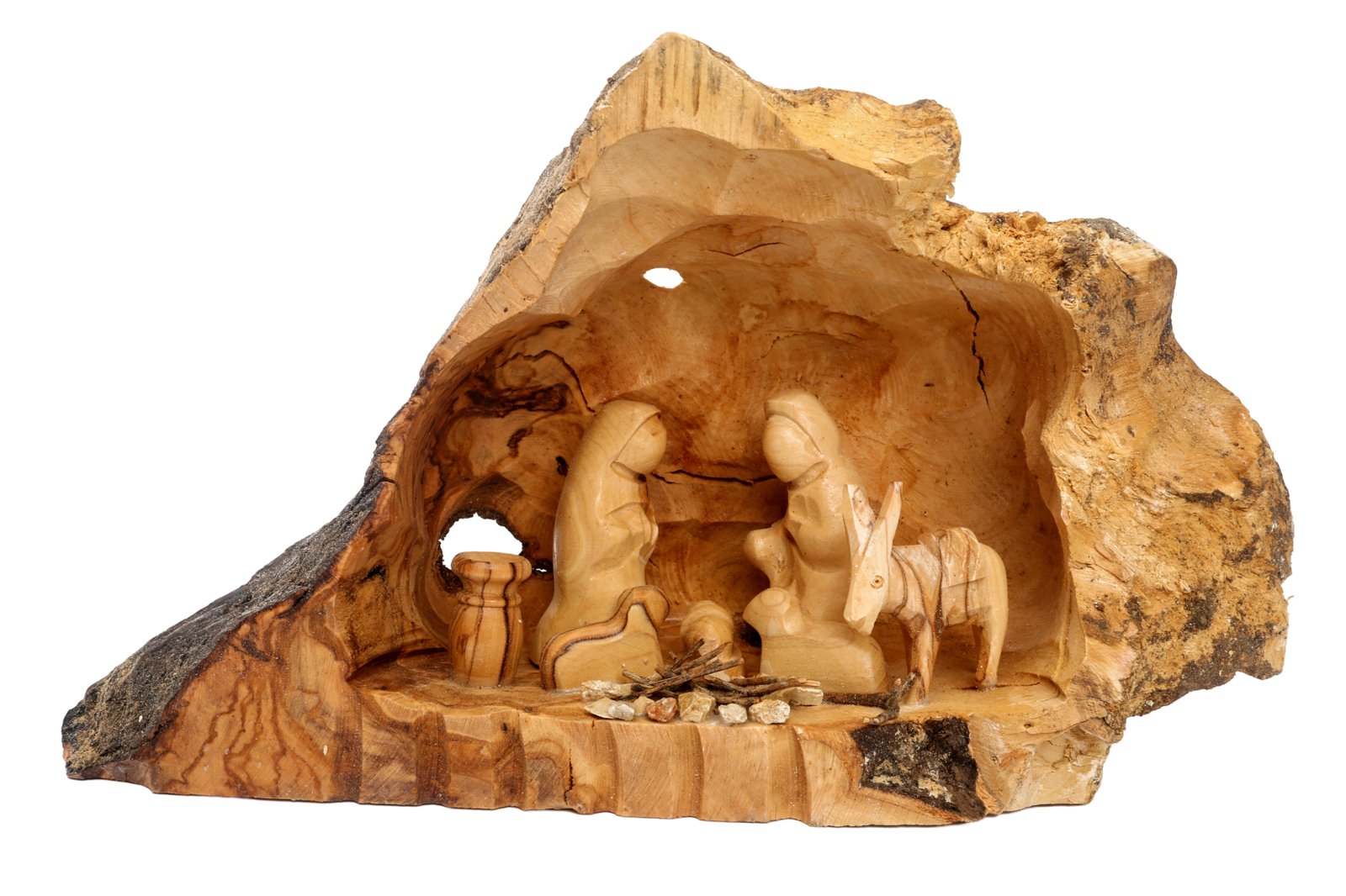 Olive Wood Nativity Scene_ Carved Cave with Fixed