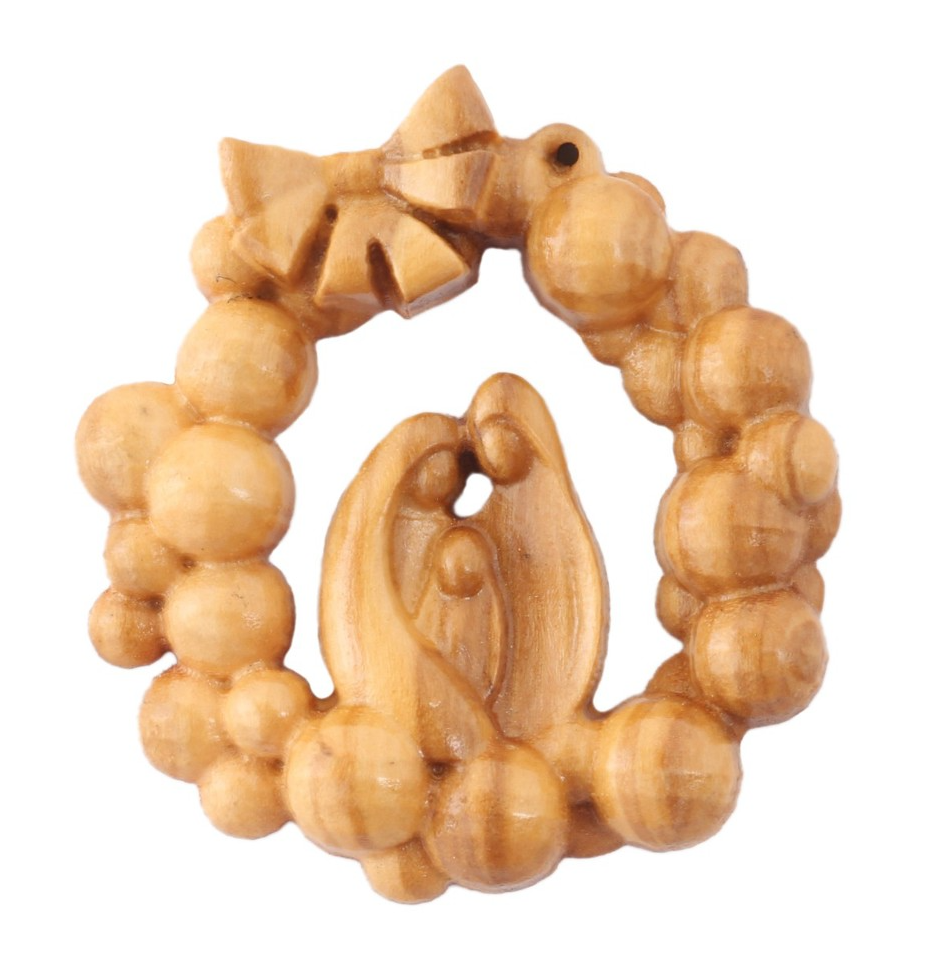 Olive Wood Ornament_ Holy Family in Christmas Wreath
