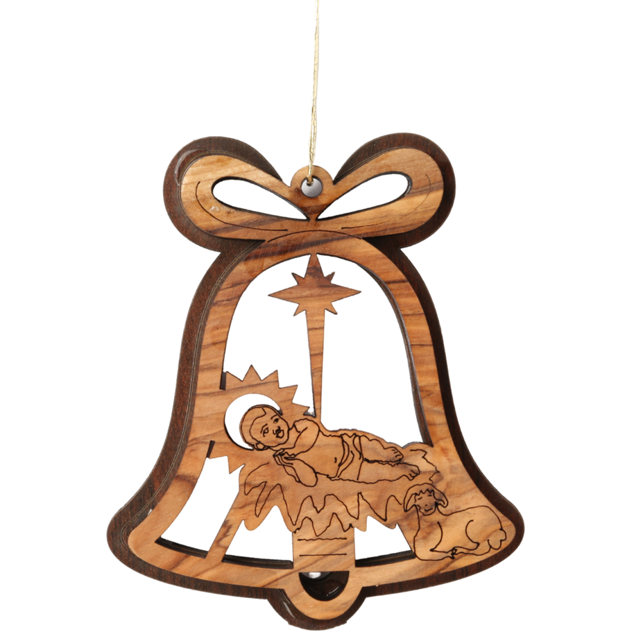 Olive Wood Ornament_Double Layered Bell with Baby Jesus in