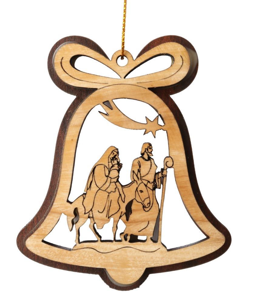 Olive Wood Ornament_ Double Layered Bell with Flight to Egypt