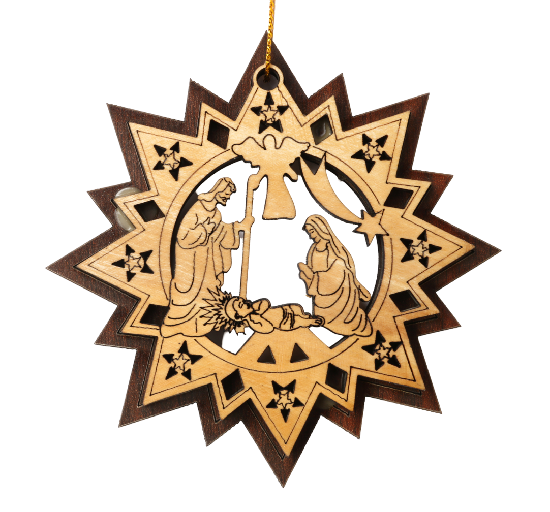 Olive Wood Ornament_ Double Layered Star with Nativity