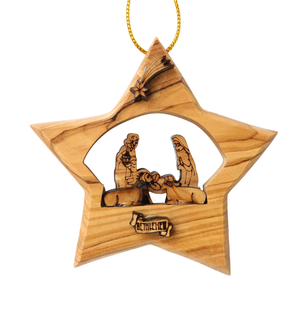 Olive Wood Ornament_ Star of Bethlehem with Nativity Scene