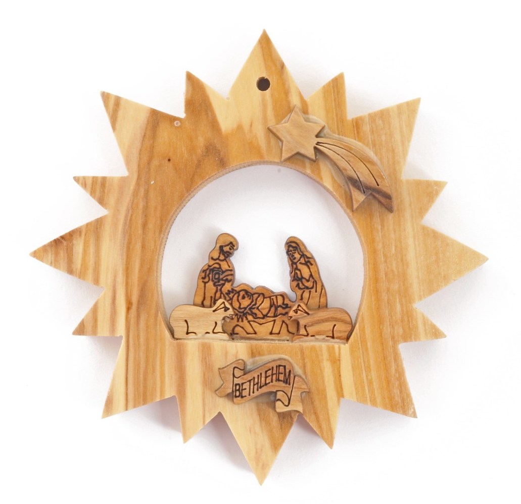 Olive Wood Ornament_ Nativity Scene in Star