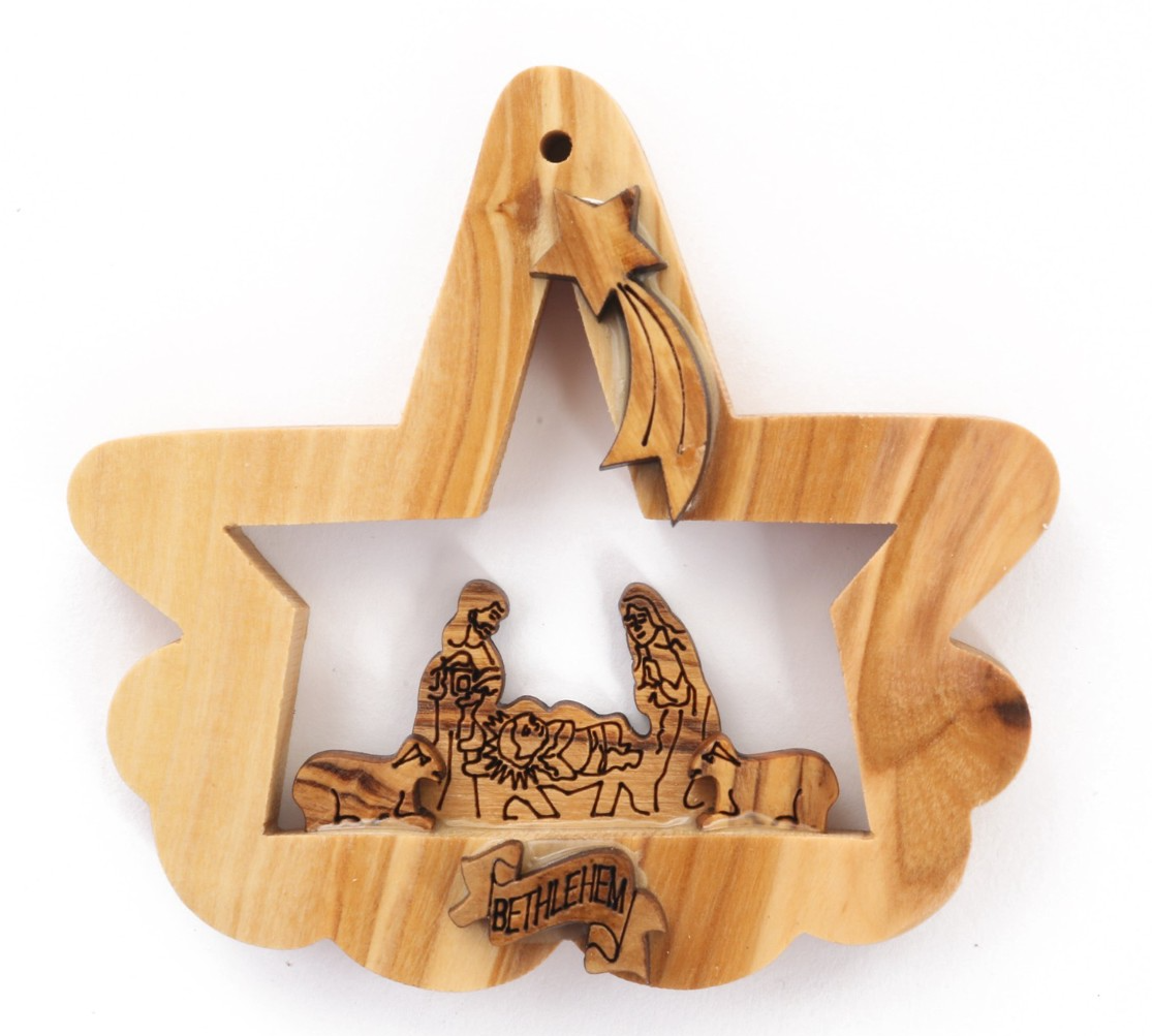 Olive Wood Ornament_ Nativity Scene in Half Star