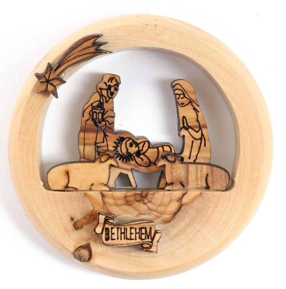 Olive Wood Ornament_ Nativity Scene in Thick Circle