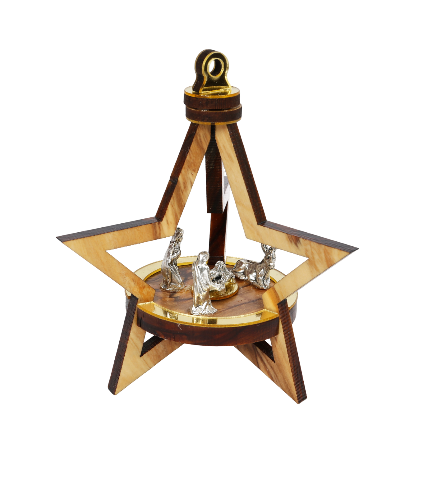 Olive Wood Ornament_ 3D Star with Silver Oxide Figurines