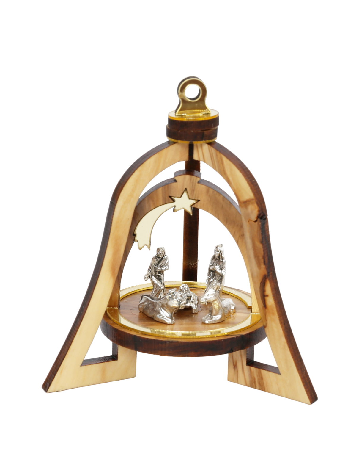Olive Wood Ornament_ 3D Bell with Silver Oxide Figurines