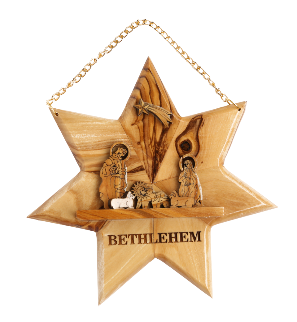 Olive Wood Ornament_ Nativity Scene in Star