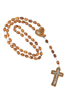 Olive Wood Rosary_ Heart Centerpiece with "God Bless Our